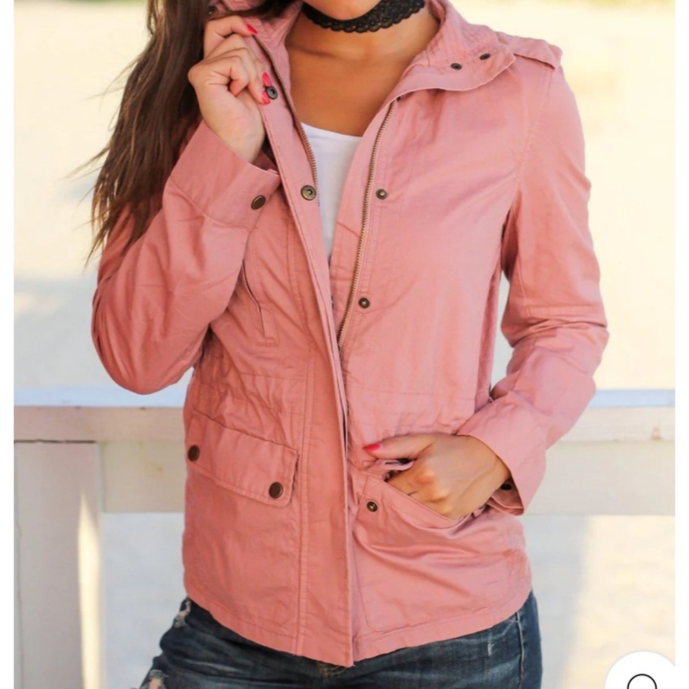 Love Tree Dusty Rose Utility Jacket Drawstring Waist Button Front Pockets W Med - Picture 9 of 10